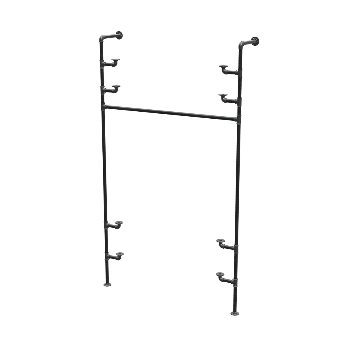 Étagère-penderie murale en tuyaux de plomberie noirs Ø 27 mm — largeur 120 cm, 4 tablettes, vue de trois quarts sur fond blanc