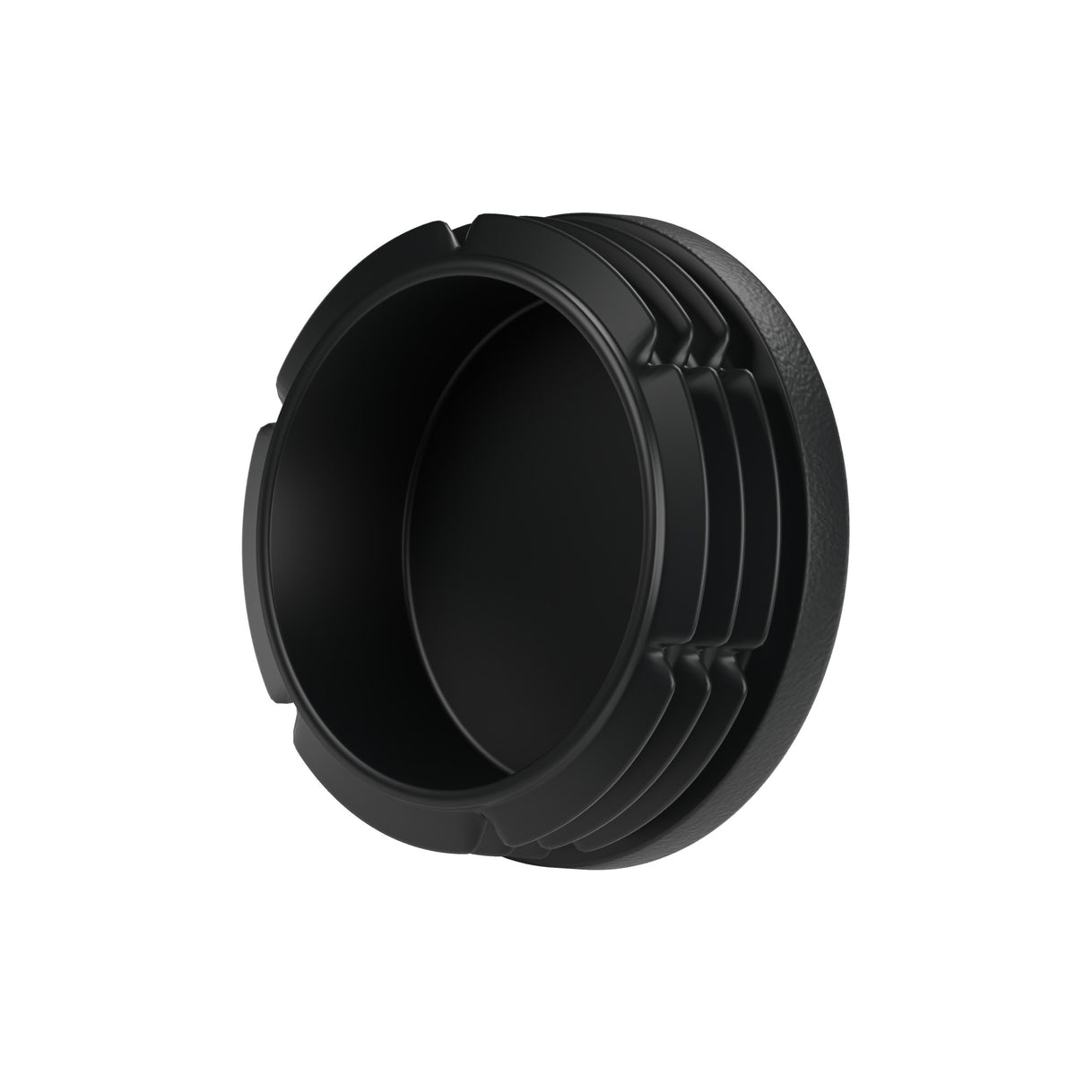 Tampão de plástico preto para acessório fêmea 1″1/4 33x42, vista de baixo: corpo oco e alhetas