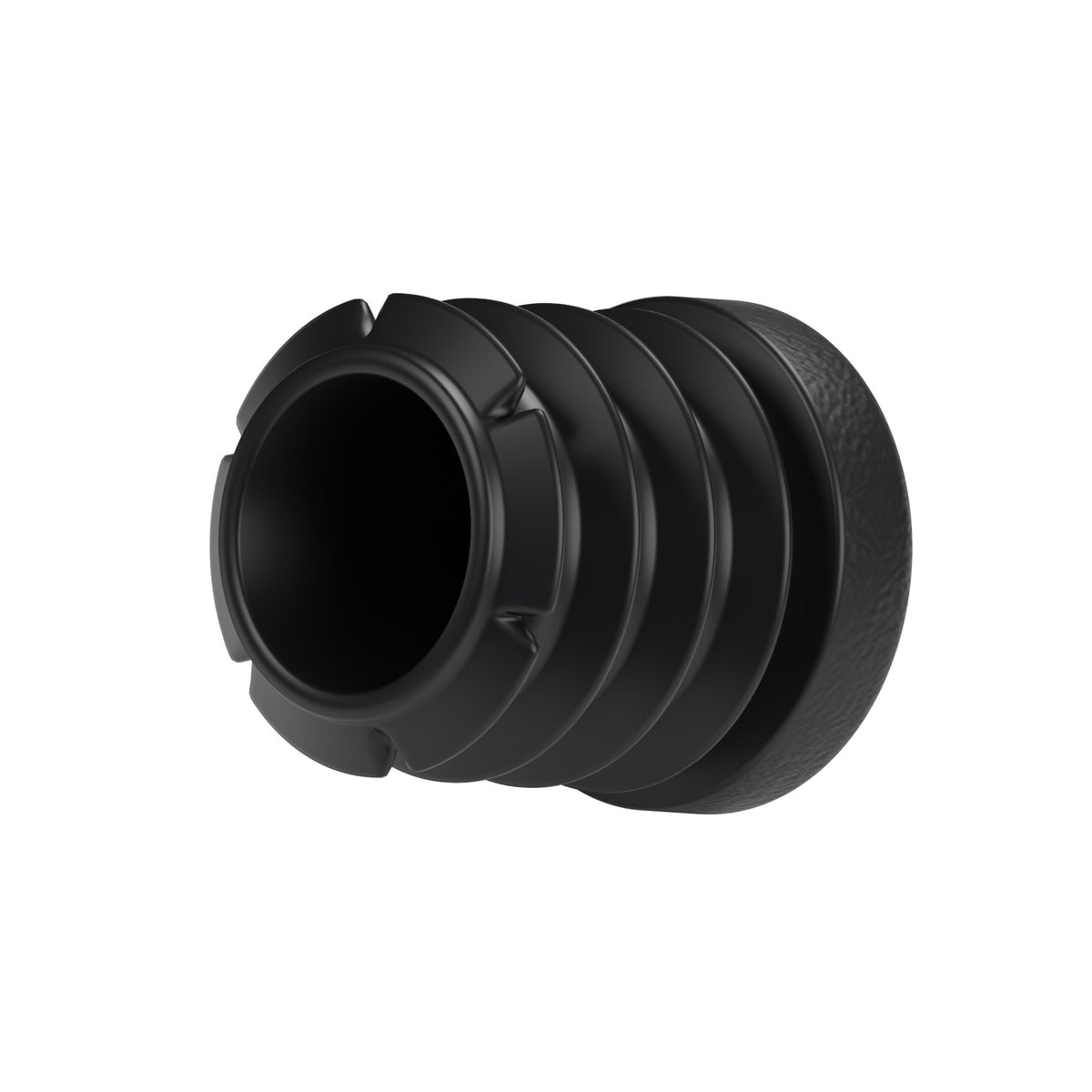 Tampão de plástico preto para acessório fêmea 1/2″ 15x21, vista de baixo: corpo oco e alhetas