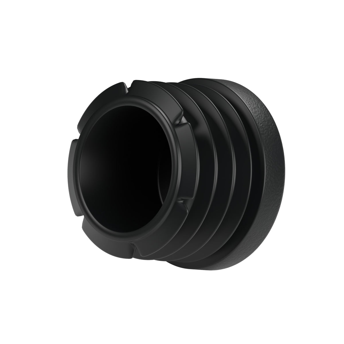 Tampão de plástico preto para acessório fêmea 1″ 26x34, vista de baixo: corpo oco e alhetas