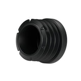 Tampão de plástico preto para acessório fêmea 1″ 26x34, vista de baixo: corpo oco e alhetas