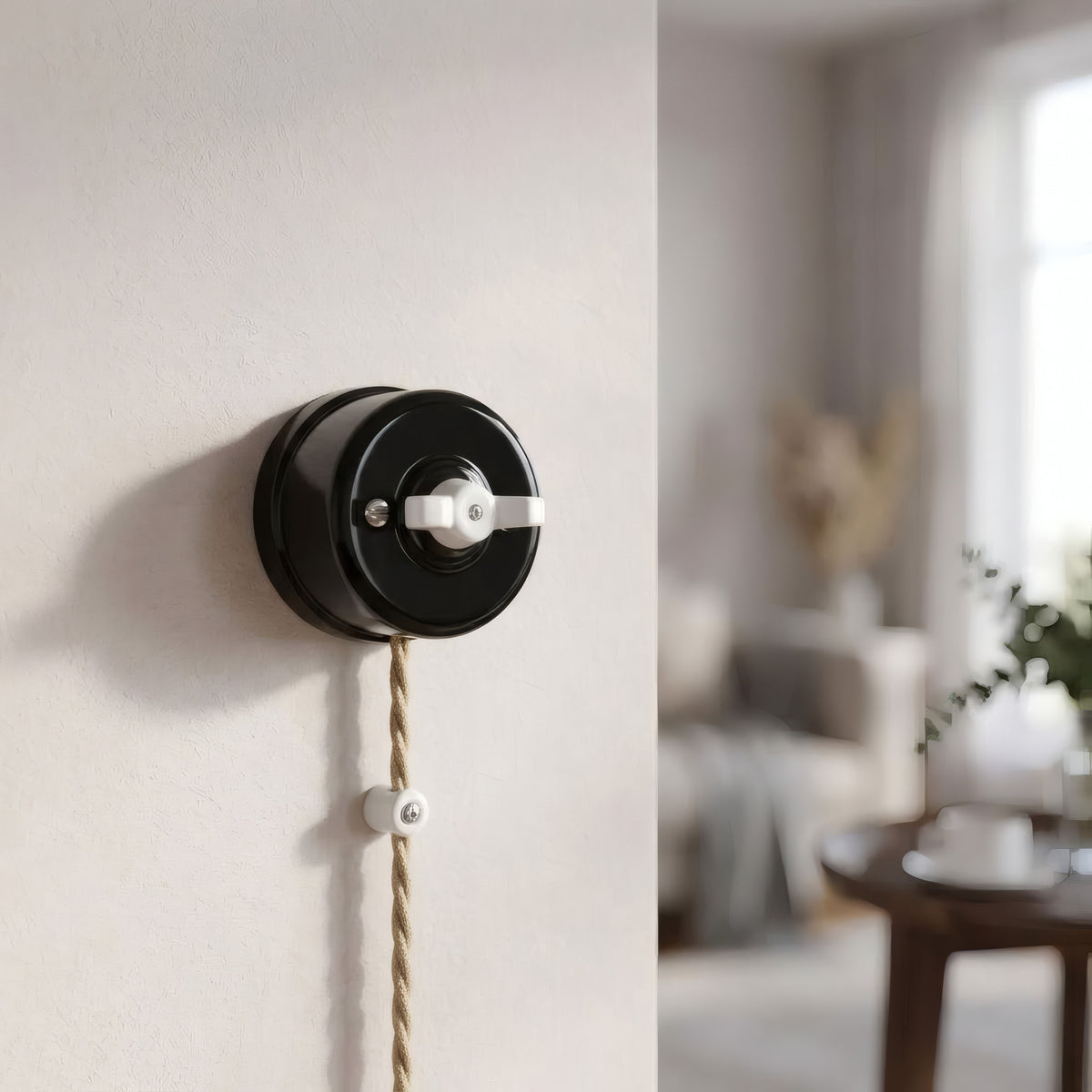 Comutador de escada em porcelana com porca borboleta — Preto / Branco