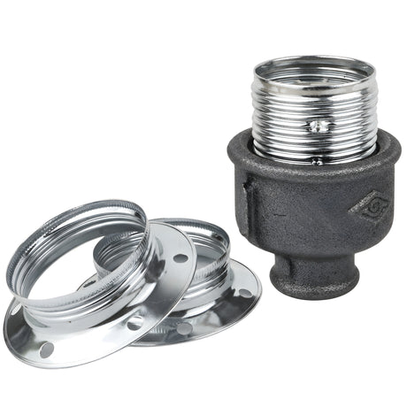 Kit de casquilho E27 em metal brilhante prateado sobre acessório 1/2'' (15x21mm) fêmea em ferro fundido preto económico