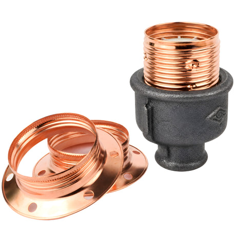 Kit de casquilho E27 em metal brilhante cobre sobre acessório 1/2'' (15x21mm) fêmea em ferro fundido preto económico