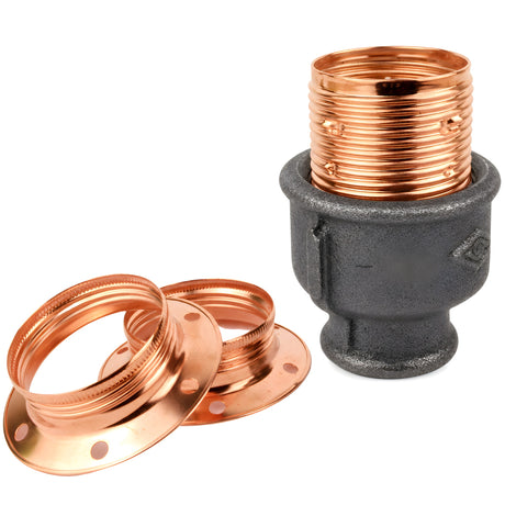 Kit de casquilho E27 em metal brilhante cobre sobre acessório fêmea em ferro fundido preto económico