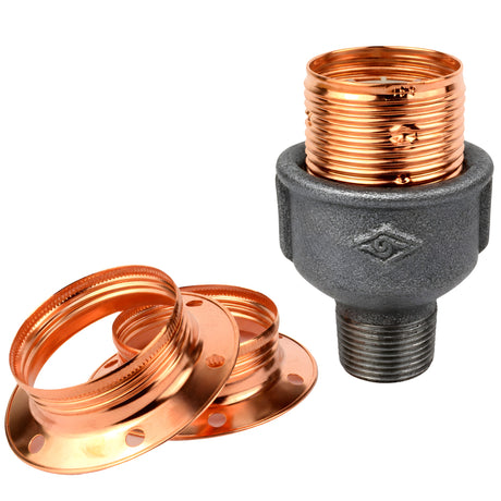 Kit de casquilho E27 em metal brilhante cobre sobre acessório macho em ferro fundido preto económico