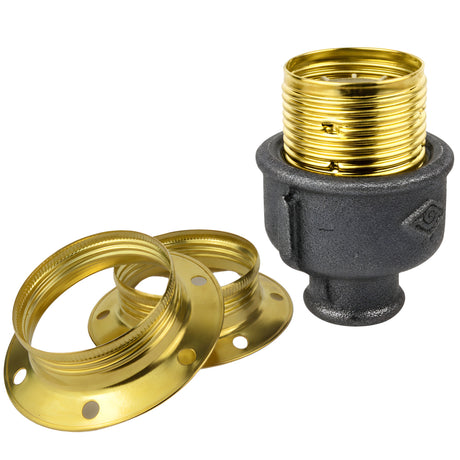 Kit de casquilho E27 em metal brilhante latão sobre acessório 1/2'' (15x21mm) fêmea em ferro fundido preto económico