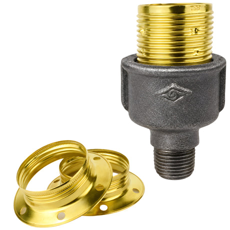 Kit de casquilho E27 em metal brilhante latão sobre acessório 1/2'' (15x21mm) macho em ferro fundido preto económico