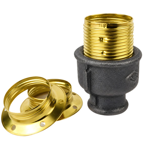 Kit de casquilho E27 em metal brilhante latão sobre acessório fêmea em ferro fundido preto económico