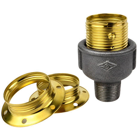 Kit de casquilho E27 em metal brilhante latão sobre acessório macho em ferro fundido preto económico