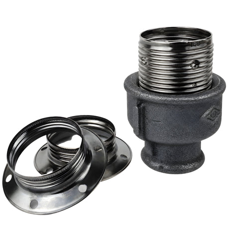 Kit de casquilho E27 em metal brilhante preto sobre acessório fêmea em ferro fundido preto económico