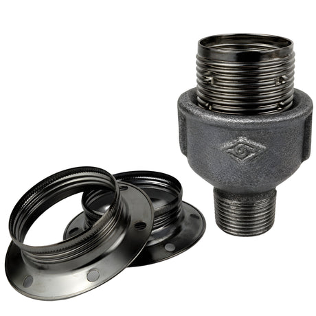 Kit de casquilho E27 em metal brilhante preto sobre acessório macho em ferro fundido preto económico