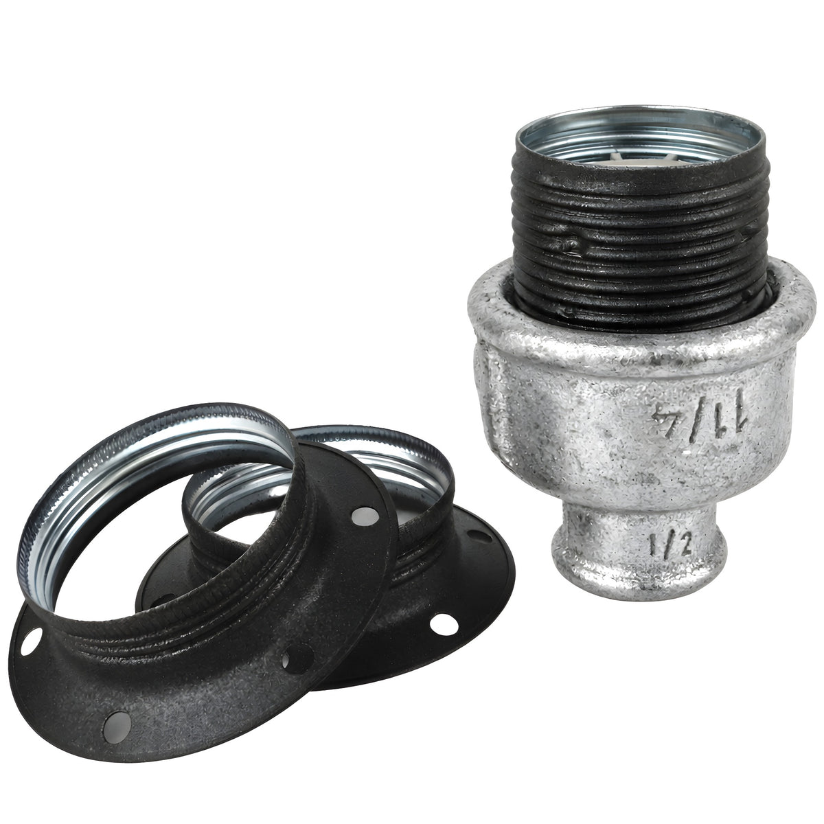 Kit de casquilho E27 em metal mate cinzento sobre acessório 1/2'' (15x21mm) fêmea em ferro fundido galvanizado