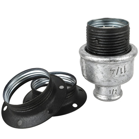 Kit de casquilho E27 em metal mate cinzento sobre acessório 1/2'' (15x21mm) fêmea em ferro fundido galvanizado