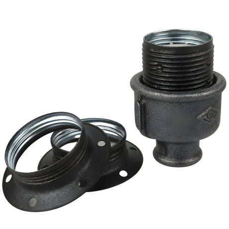 Kit de casquilho E27 em metal mate cinzento sobre acessório 1/2'' (15x21mm) fêmea em ferro fundido preto económico