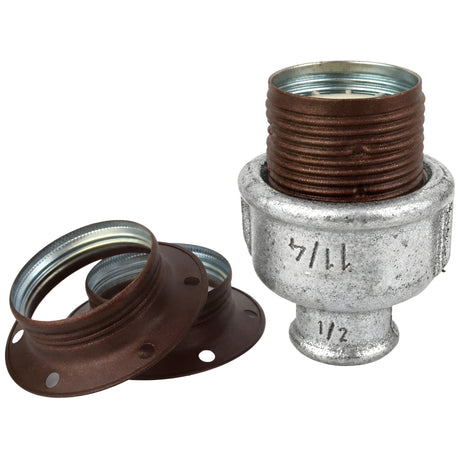 Kit de casquilho E27 em metal mate ferrugem sobre acessório 1/2'' (15x21mm) fêmea em ferro fundido galvanizado