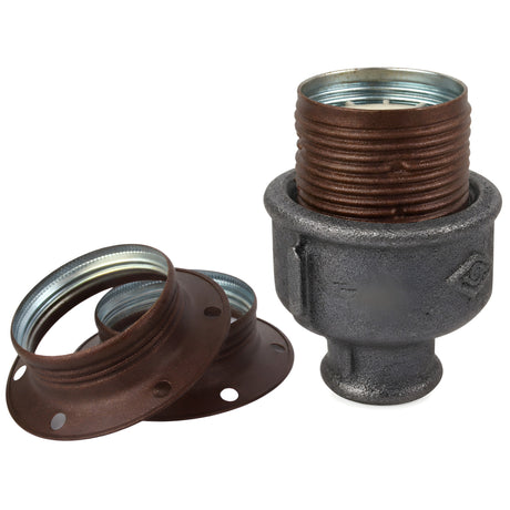 Kit de casquilho E27 em metal mate ferrugem sobre acessório 1/2'' (15x21mm) fêmea em ferro fundido preto económico
