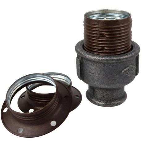 Kit de casquilho E27 em metal mate ferrugem sobre acessório fêmea em ferro fundido preto económico