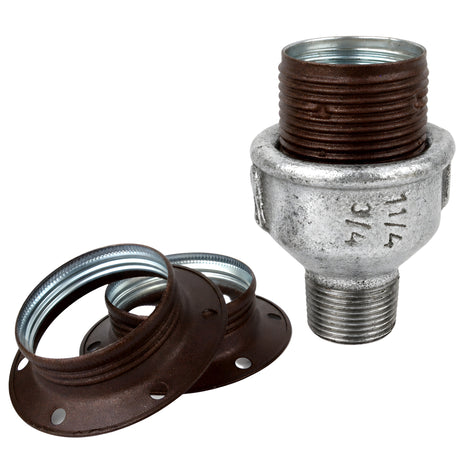 Kit de casquilho E27 em metal mate ferrugem sobre acessório macho em ferro fundido galvanizado