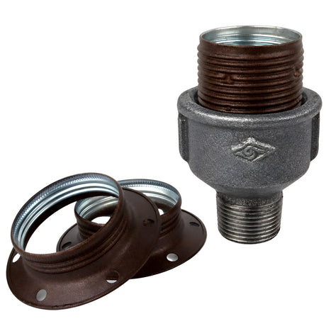 Kit de casquilho E27 em metal mate ferrugem sobre acessório macho em ferro fundido preto económico