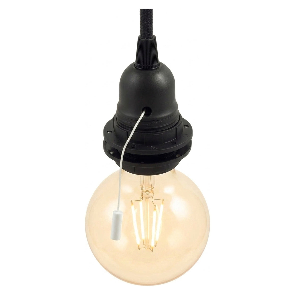 Casquilho E27 termoplástico anel duplo, interruptor de puxar — Preto