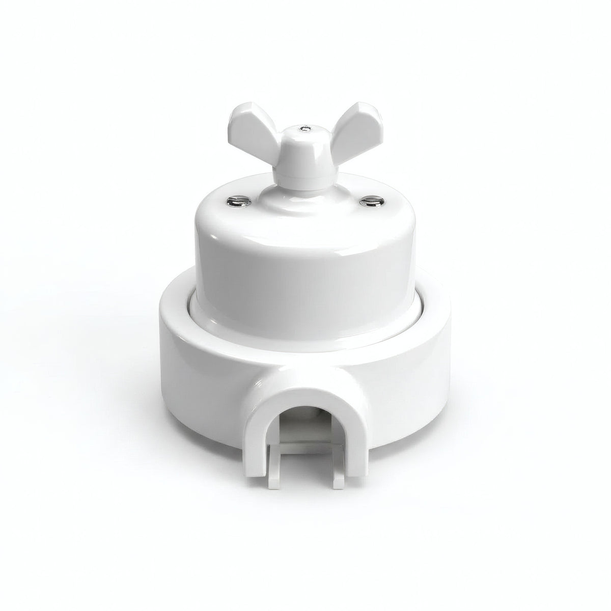 Comutador de escada em porcelana com porca borboleta e base — Branco / Branco / 1 saída