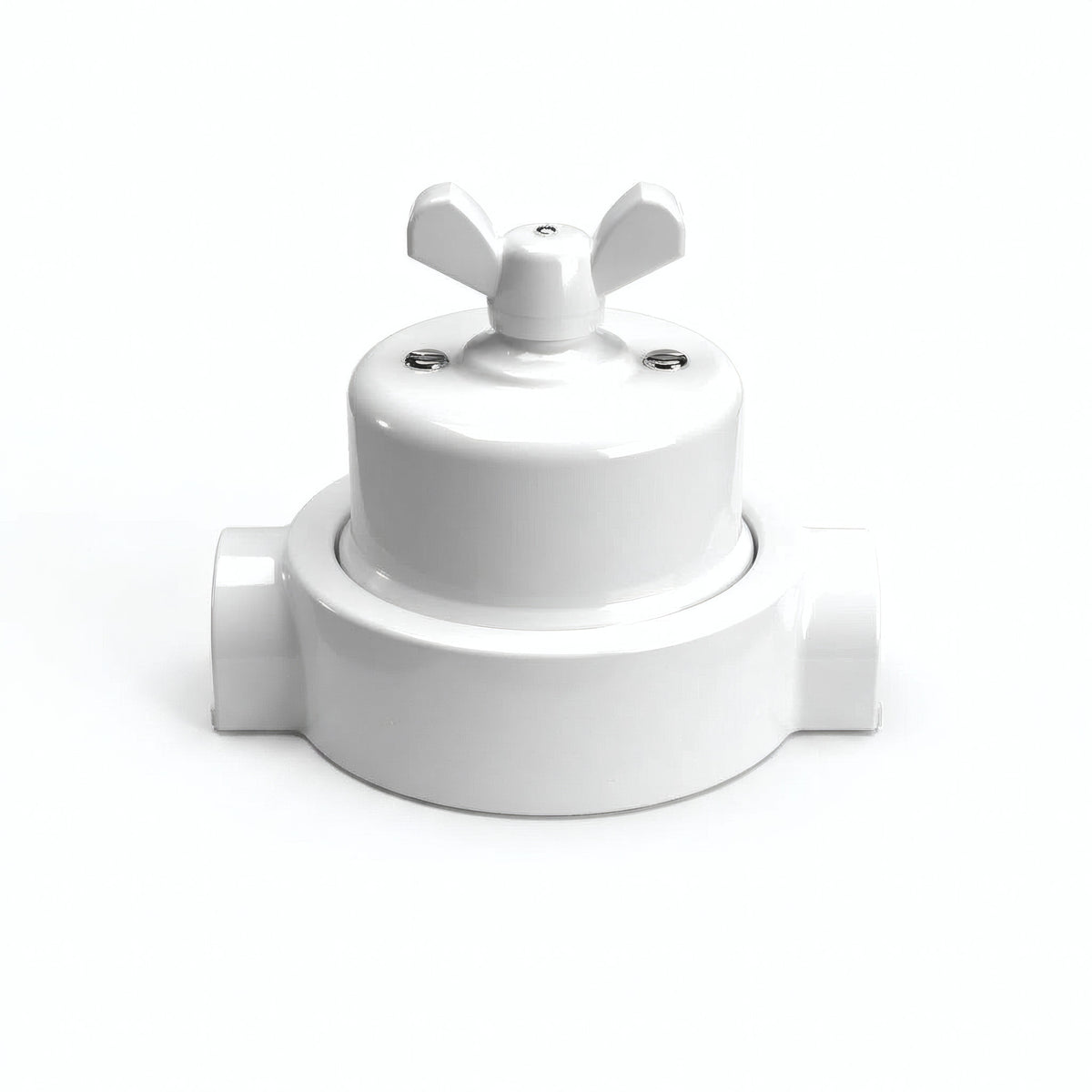 Comutador de escada em porcelana com porca borboleta e base — Branco / Branco / 2 saídas em linha