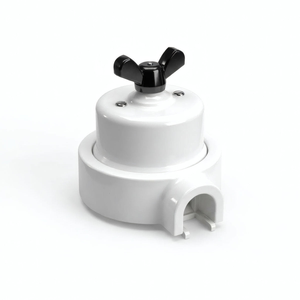 Comutador de escada em porcelana com porca borboleta e base — Branco / Preto / 1 saída