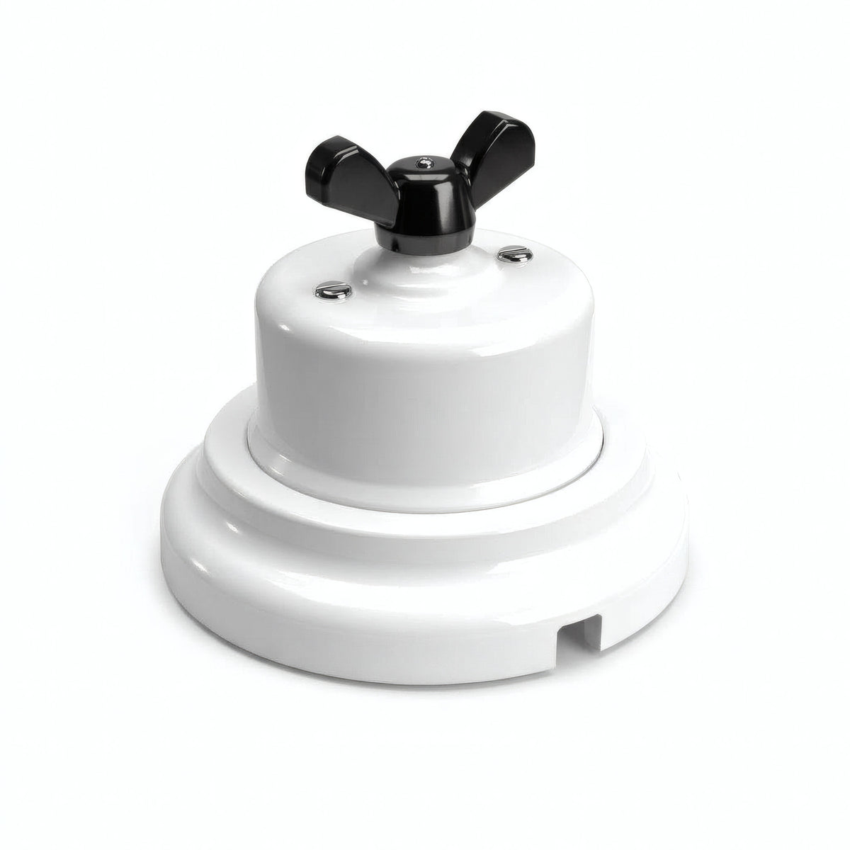 Comutador de escada em porcelana com porca borboleta e base — Branco / Preto / Plana Ø 100 mm