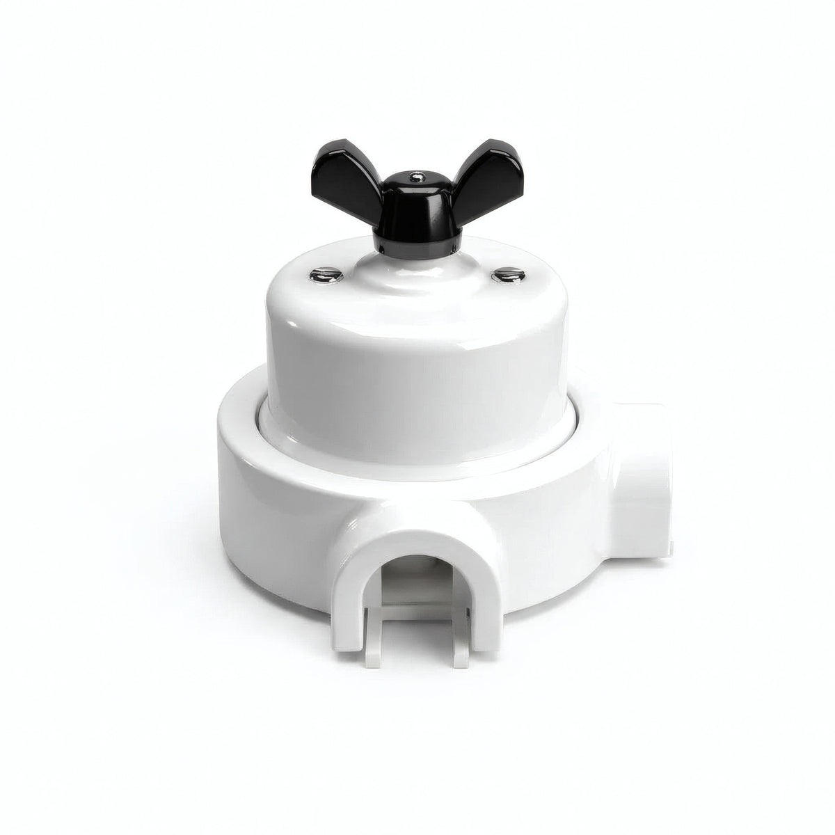 Comutador de escada em porcelana com porca borboleta e base — Branco / Preto / 2 saídas