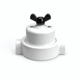 Comutador de escada em porcelana com porca borboleta e base — Branco / Preto / 2 saídas em linha