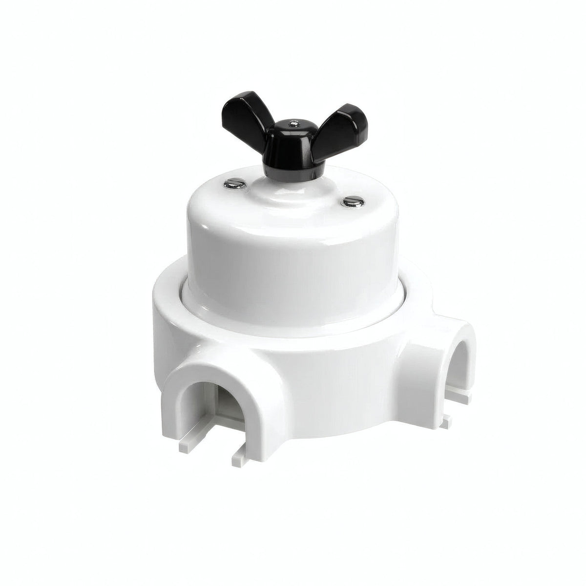 Comutador de escada em porcelana com porca borboleta e base — Branco / Preto / 2 saídas