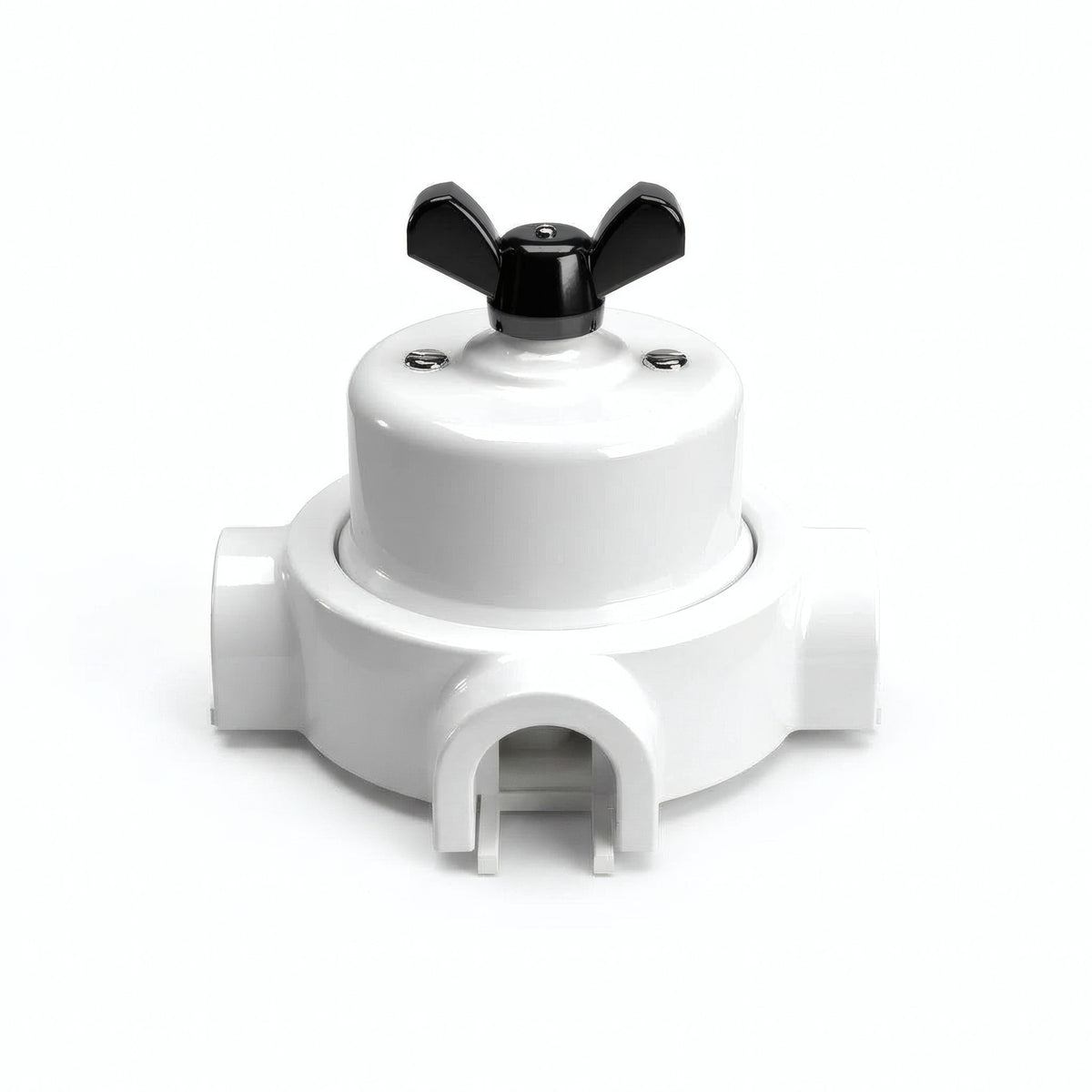 Comutador de escada em porcelana com porca borboleta e base — Branco / Preto / 3 saídas