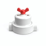 Comutador de escada em porcelana com porca borboleta e base — Branco / Vermelho / 2 saídas em linha