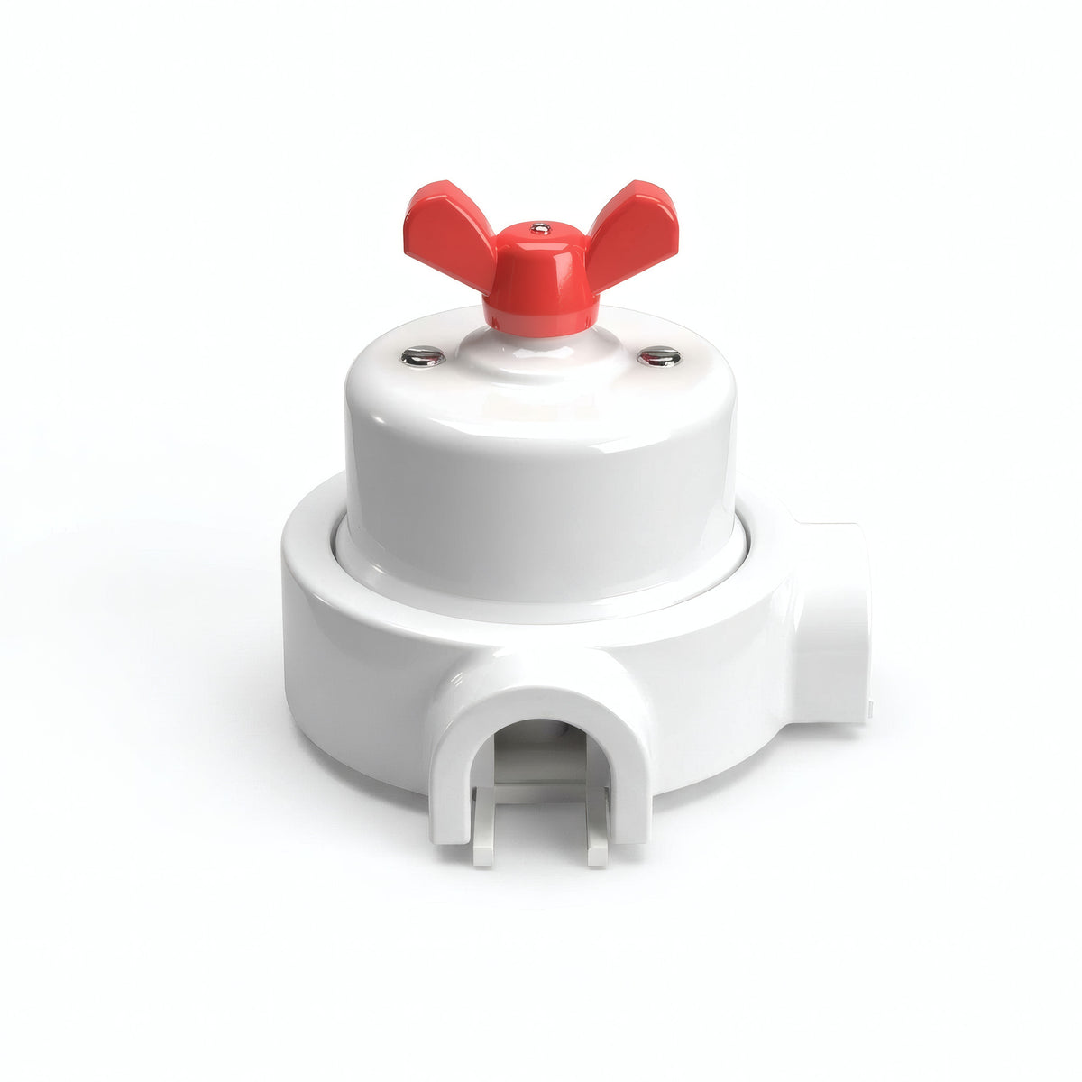 Comutador de escada em porcelana com porca borboleta e base — Branco / Vermelho / 2 saídas