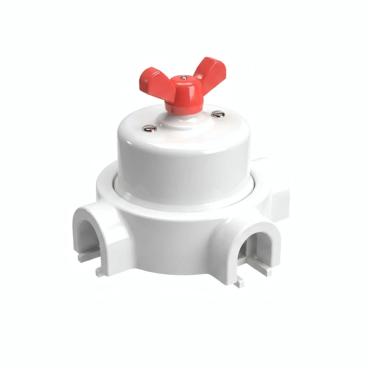 Comutador de escada em porcelana com porca borboleta e base — Branco / Vermelho / 3 saídas