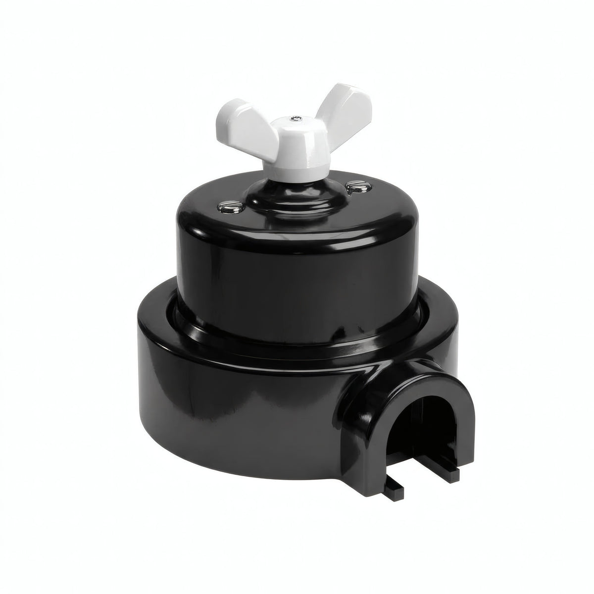 Comutador de escada em porcelana com porca borboleta e base — Preto / Branco / 1 saída