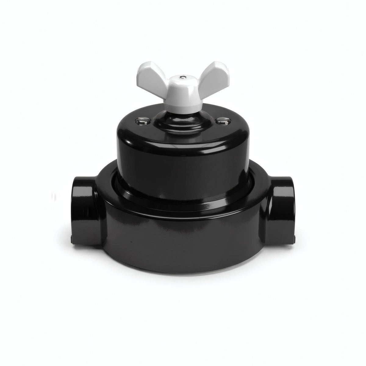 Comutador de escada em porcelana com porca borboleta e base — Preto / Branco / 2 saídas em linha