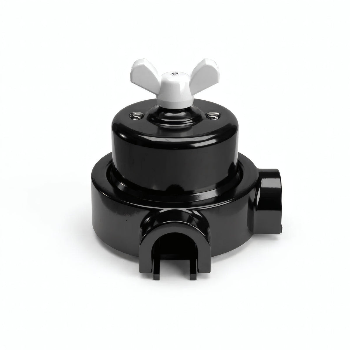 Comutador de escada em porcelana com porca borboleta e base — Preto / Branco / 2 saídas