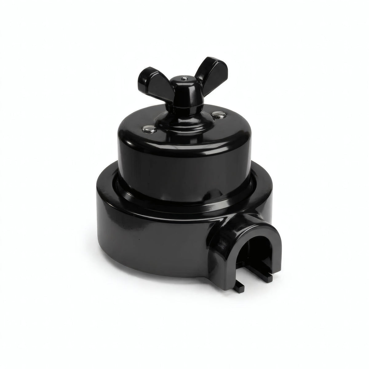 Comutador de escada em porcelana com porca borboleta e base — Preto / Preto / 1 saída