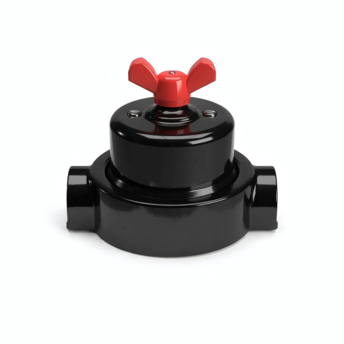 Comutador de escada em porcelana com porca borboleta e base — Preto / Vermelho / 2 saídas em linha