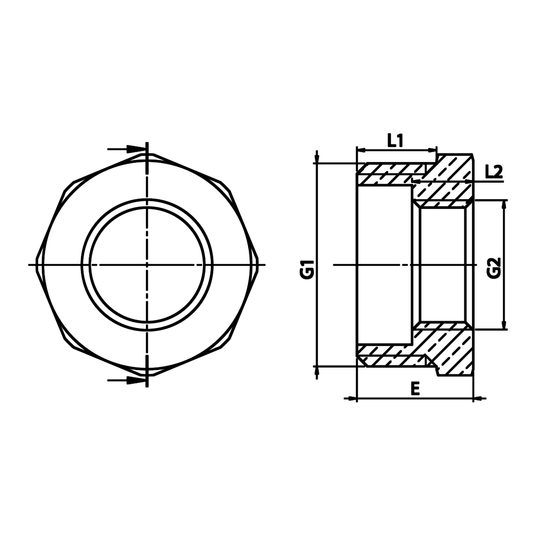 Desenho técnico cotado: redução simples M/F em latão (ref. 1241)