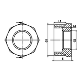 Desenho técnico cotado: redução simples M/F em latão (ref. 1241)
