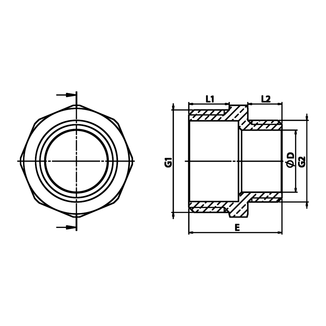Desenho técnico cotado: niple redutor M/M em latão (ref. 1245)