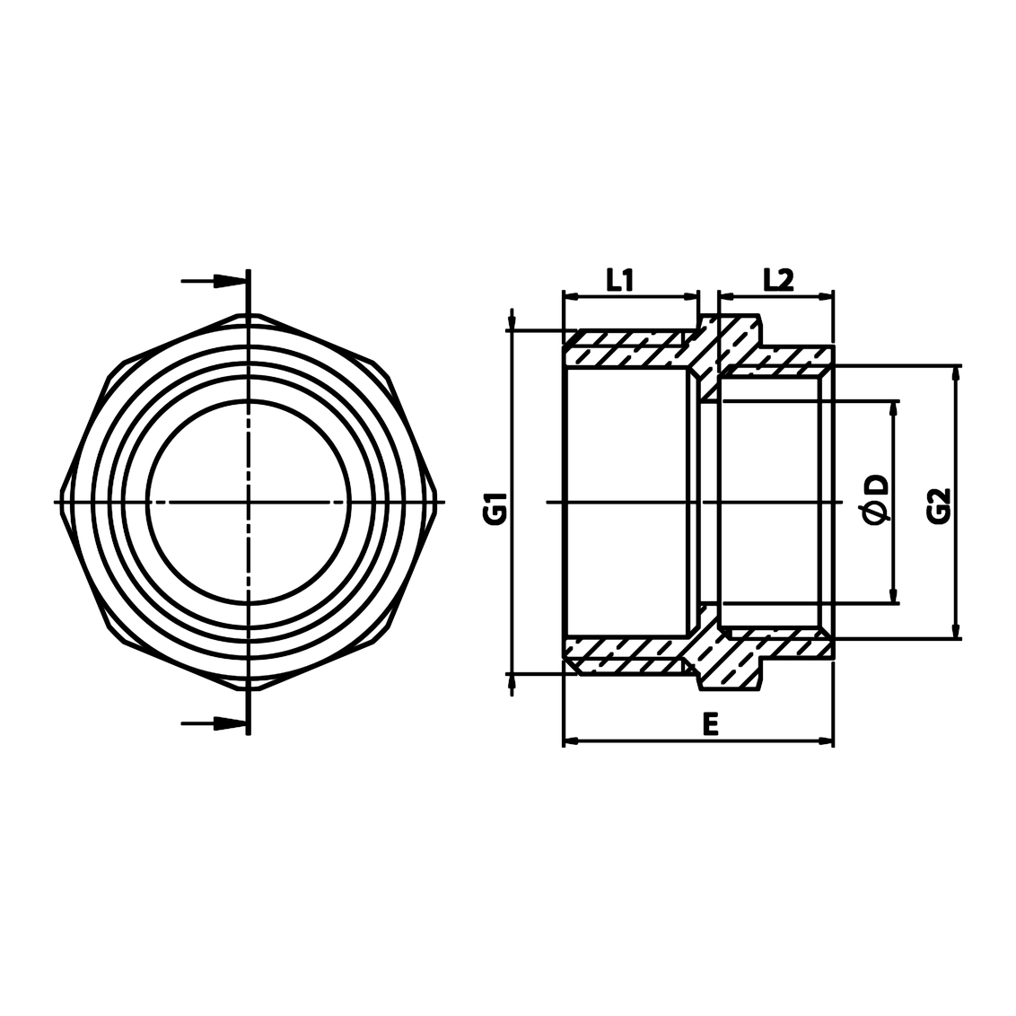 Desenho técnico cotado: niple redutor M/F em latão (ref. 1247)