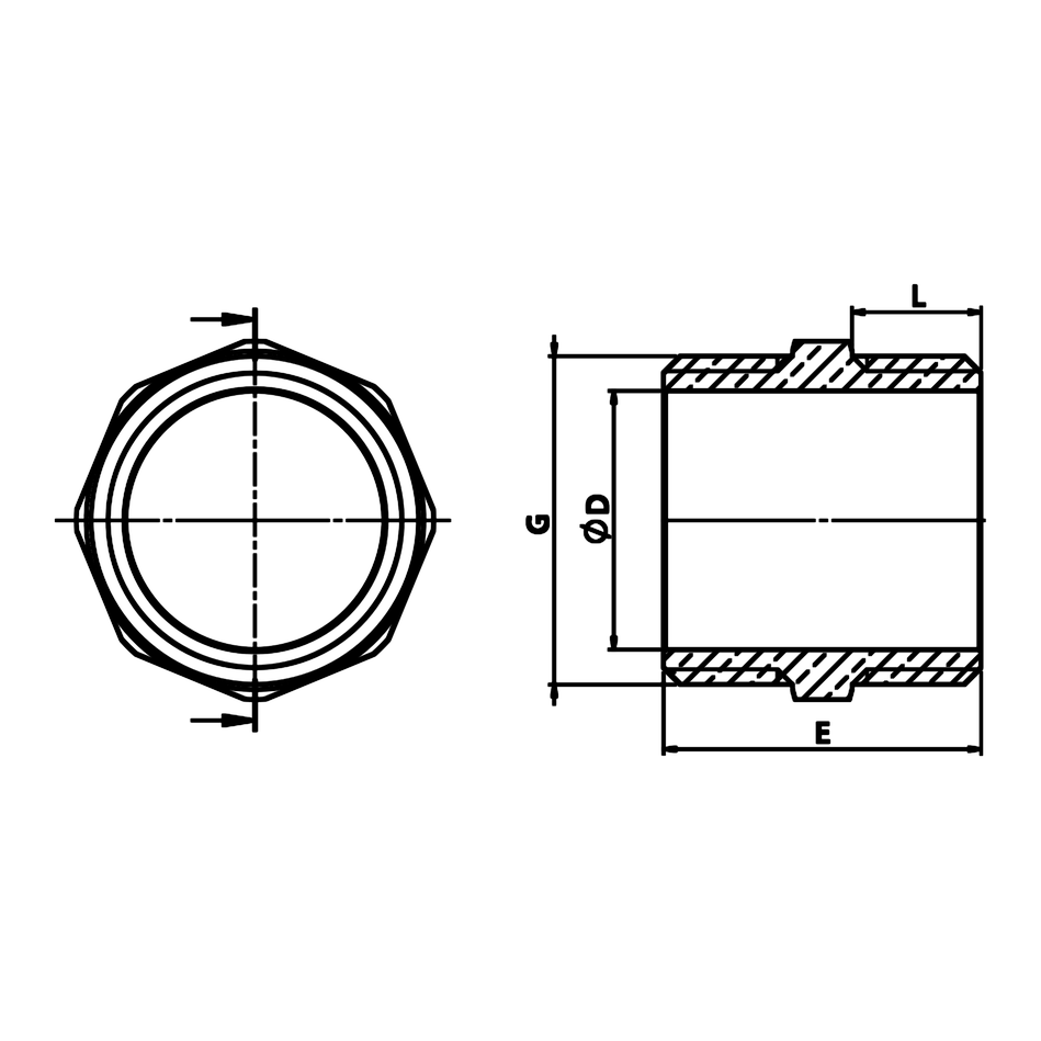 Desenho técnico cotado: niple igual M/M em latão (ref. 1280)