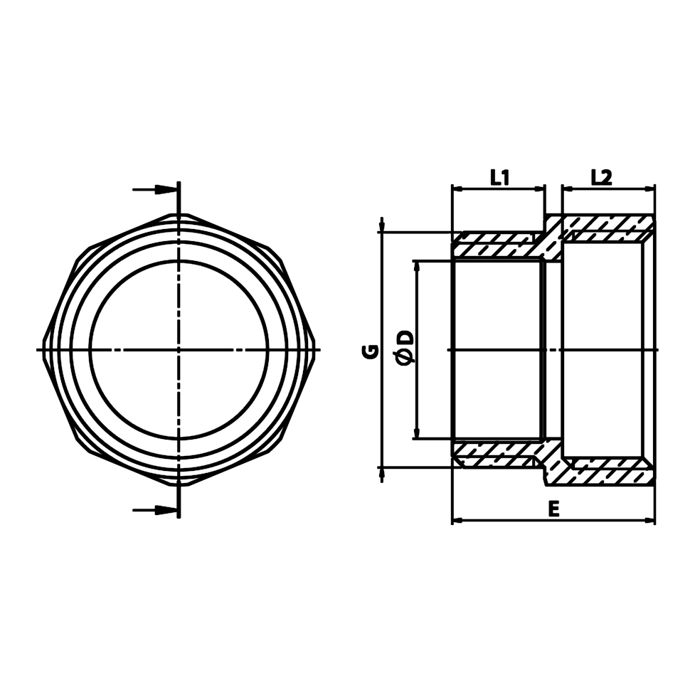 Desenho técnico cotado: niple igual M/F em latão (ref. 1281)