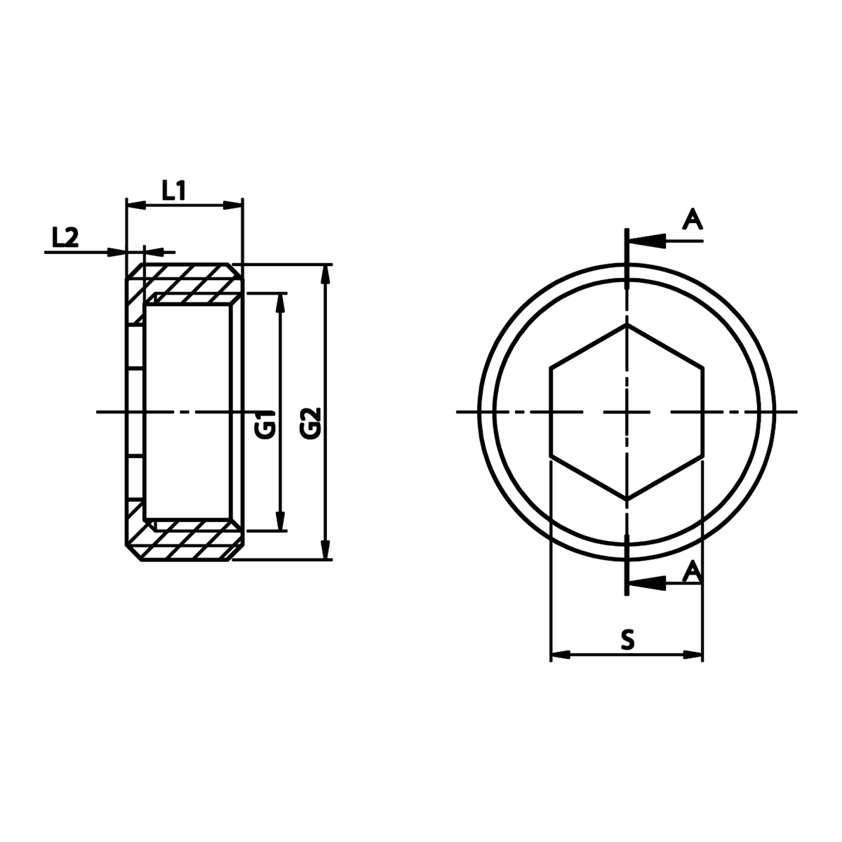 Desenho técnico cotado: bucha de redução M/F em latão (ref. 1605)
