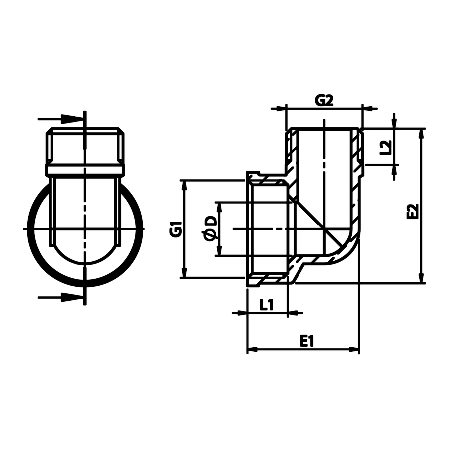 Desenho técnico cotado: cotovelo redutor F/M em latão (ref. 2093)
