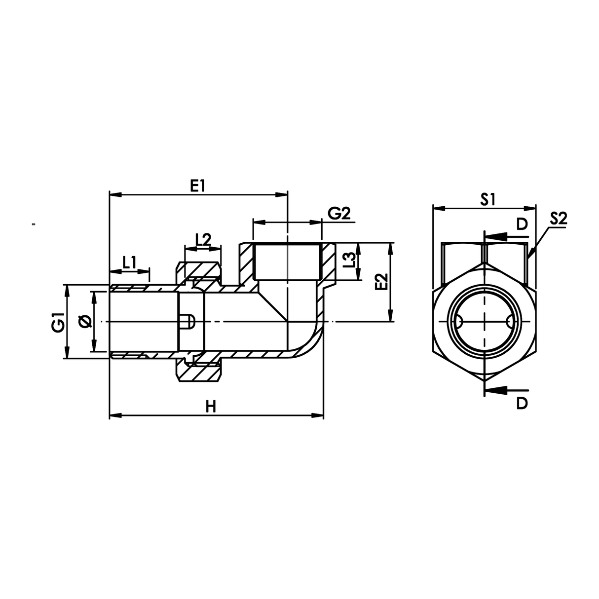 Desenho técnico cotado: união em cotovelo M/F de assento cónico em latão (ref. 221)